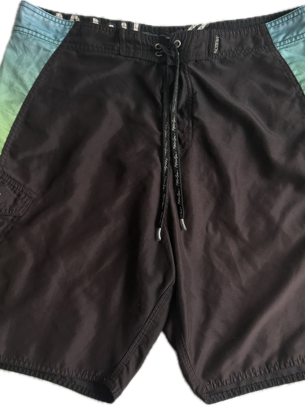 Maui and Sons Black Swim Surfing Shorts with Blue-Green Side Panels Drawstring38